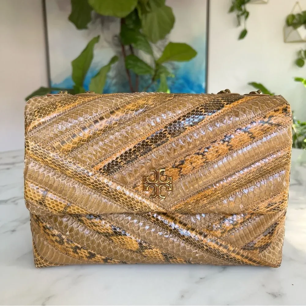 Tory Burch Kira Chevron Exotic Snakeskin Leather Convertible Shoulder Bag Tan